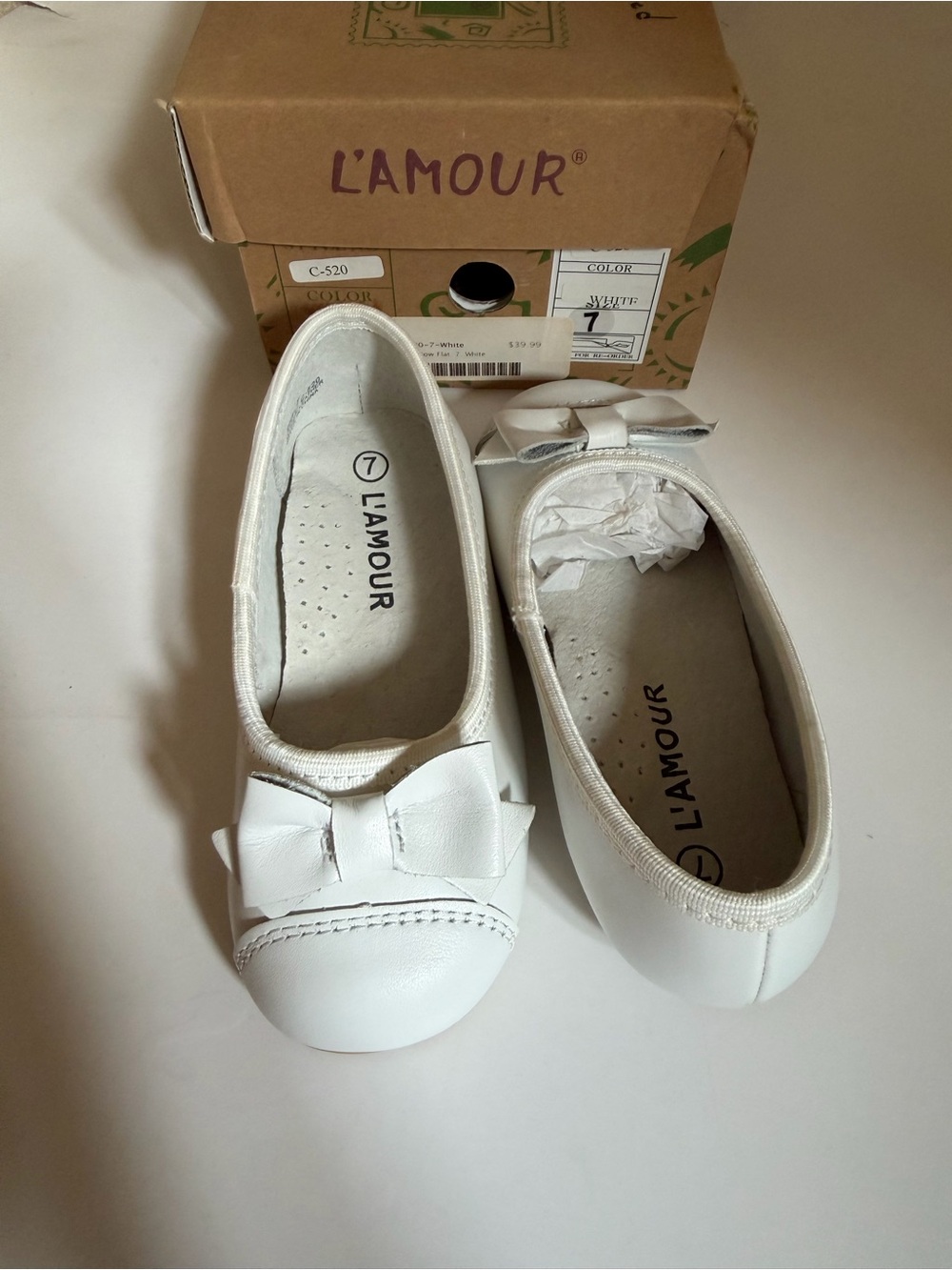 L'Amour White Girls Bow Ballet Flats